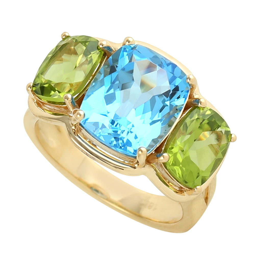 Blue Topaz Cushion Cut Peridot Gemstone Three Stone Ring In Solid Gold