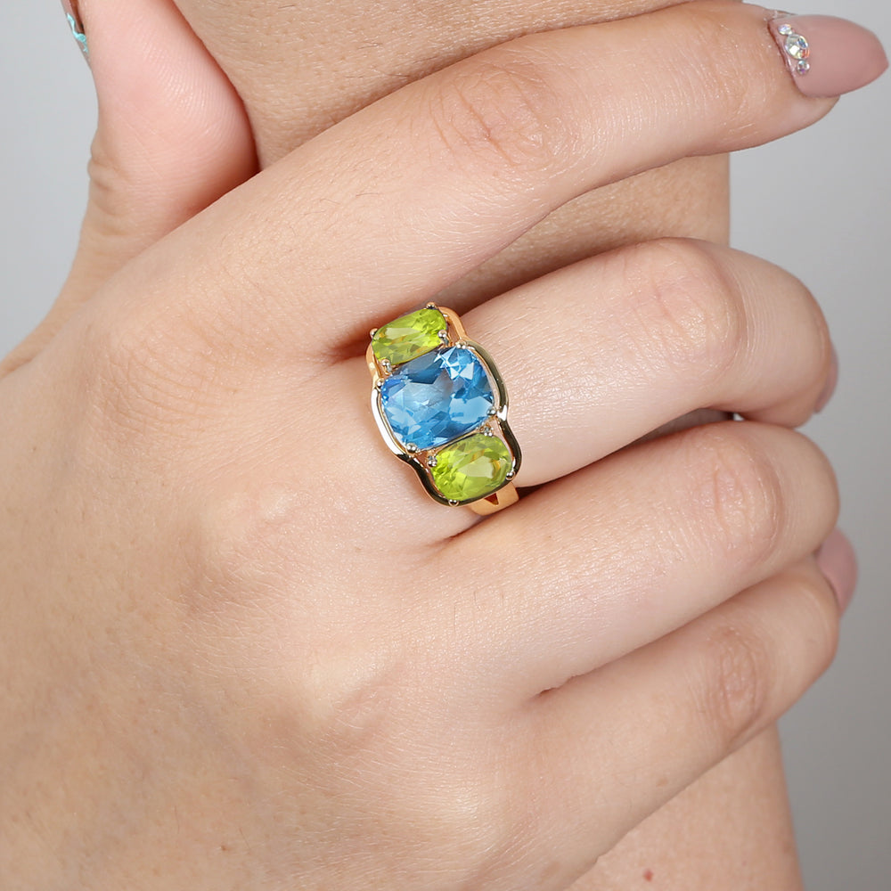 Blue Topaz Cushion Cut Peridot Gemstone Three Stone Ring In Solid Gold