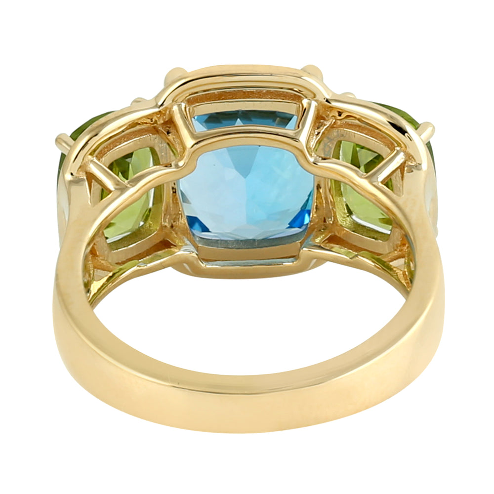 Blue Topaz Cushion Cut Peridot Gemstone Three Stone Ring In Solid Gold