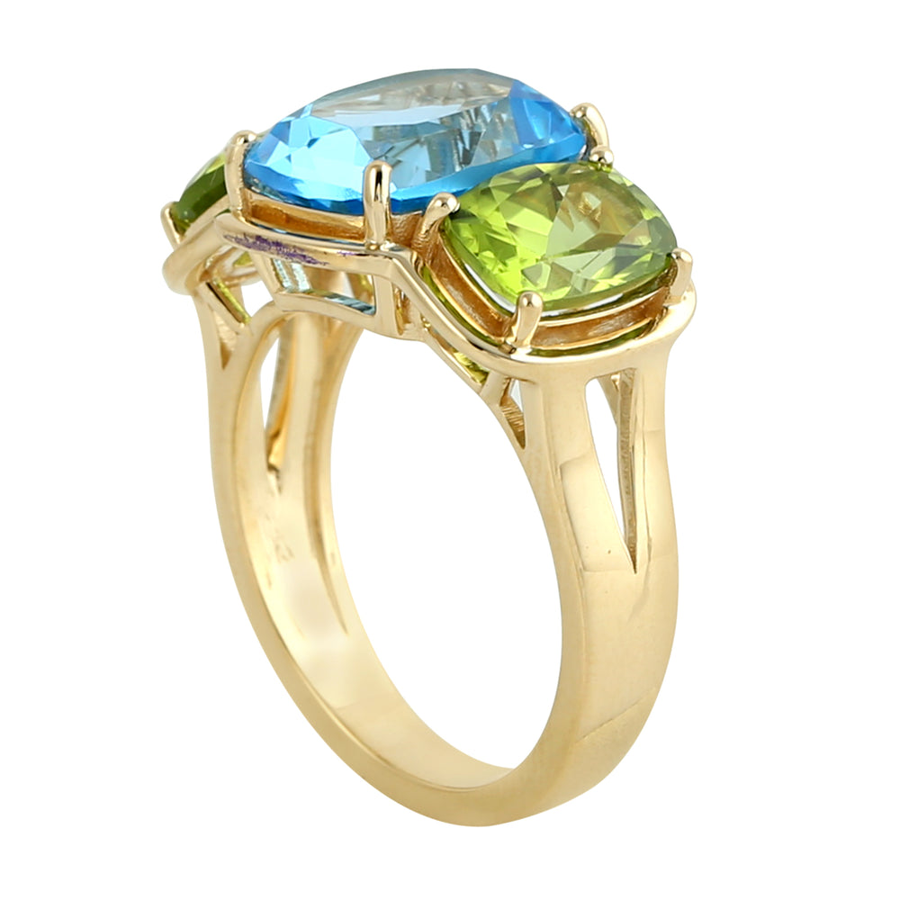 Blue Topaz Cushion Cut Peridot Gemstone Three Stone Ring In Solid Gold