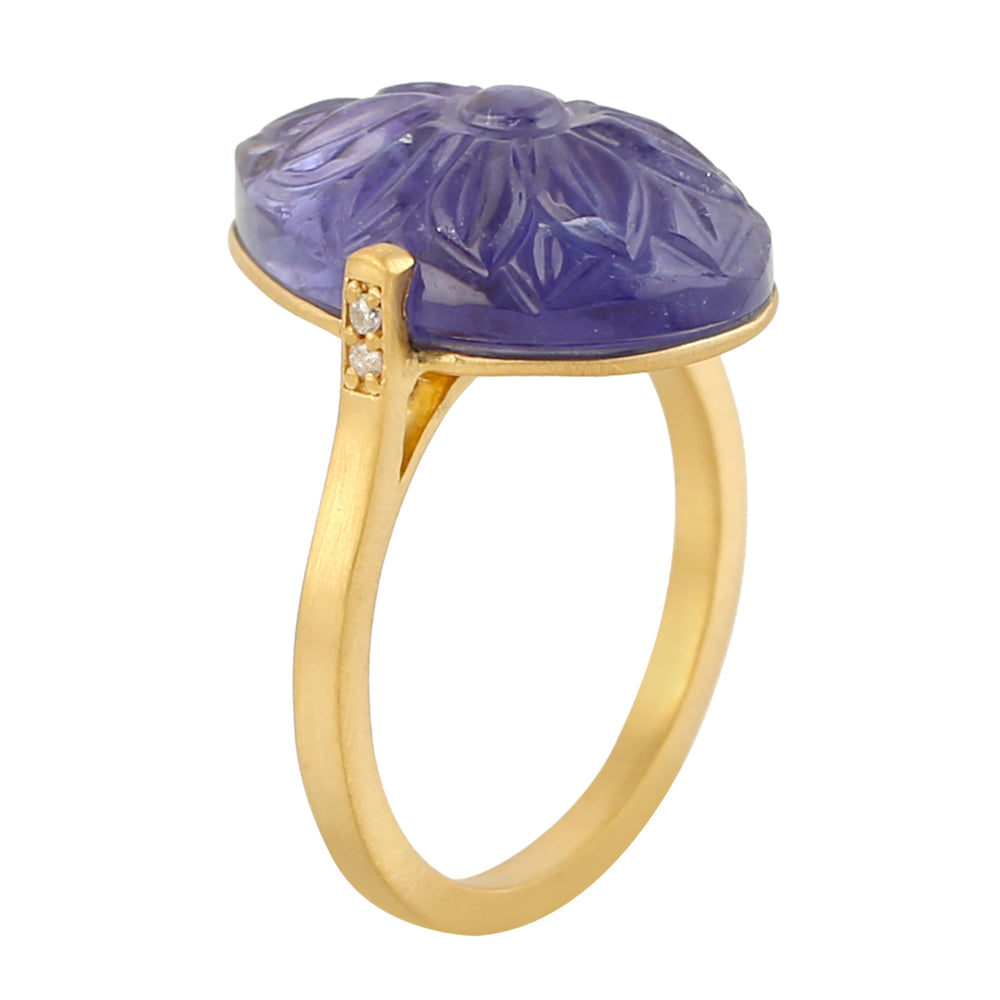 Carved Tanzanite Flower Pave Diamond Pear Shape Ring In 18k Yellow Gold