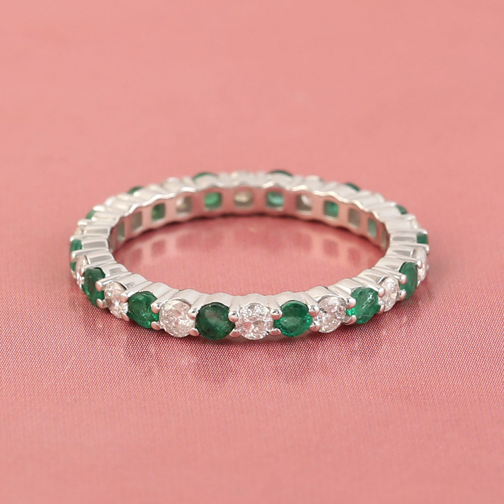 Emerald May Birthstone Prong Diamond Designer Band Ring In 18K White Gold