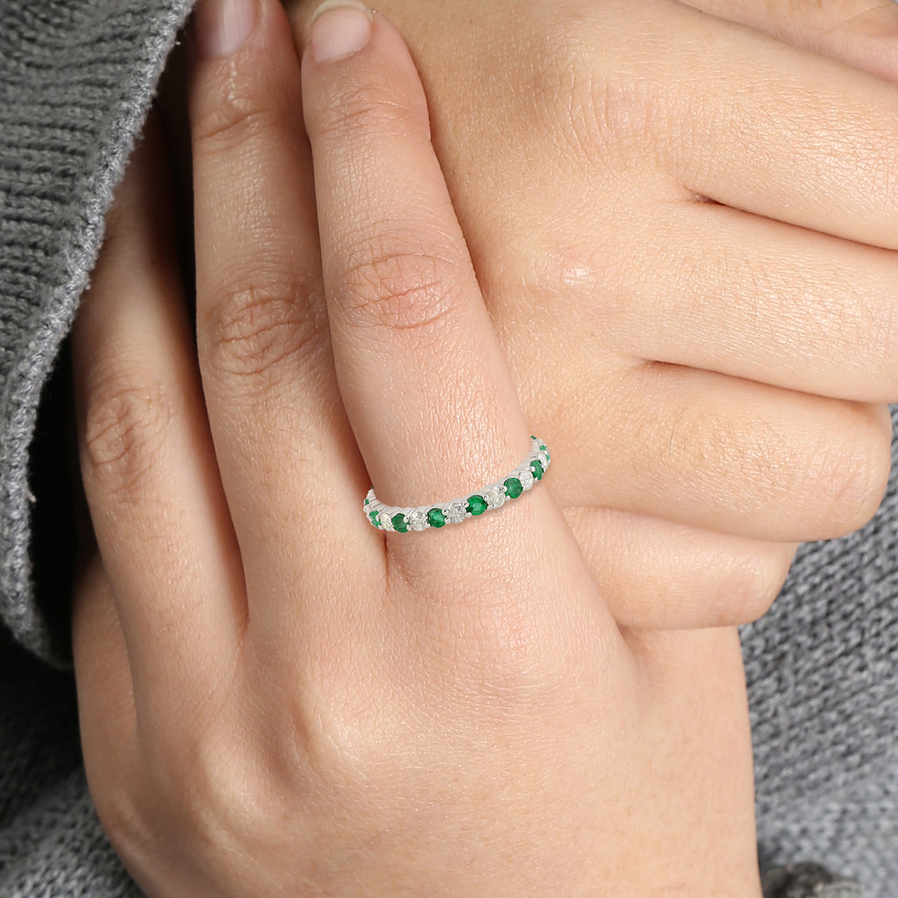 Emerald May Birthstone Prong Diamond Designer Band Ring In 18K White Gold