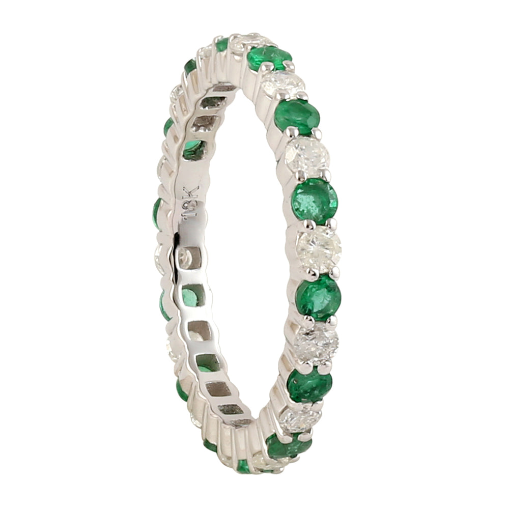 Emerald May Birthstone Prong Diamond Designer Band Ring In 18K White Gold