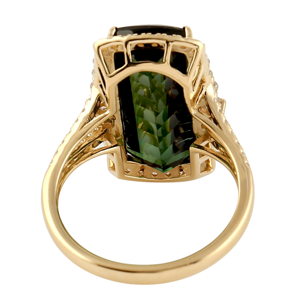 18k Yellow Gold Fancy Cut Green Tourmaline Pave Diamond Classic Cocktail Ring