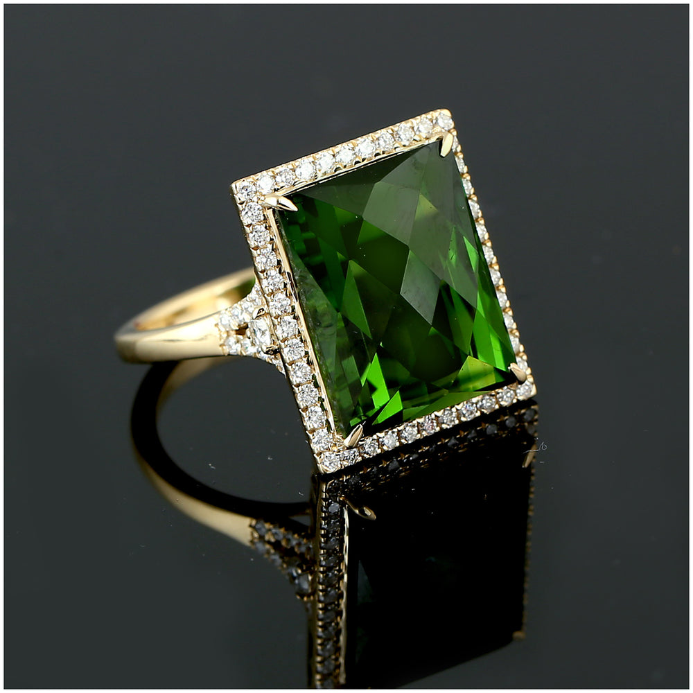 Square Green Tourmaline Pave Diamond Cocktail Ring in 18k Yellow Gold