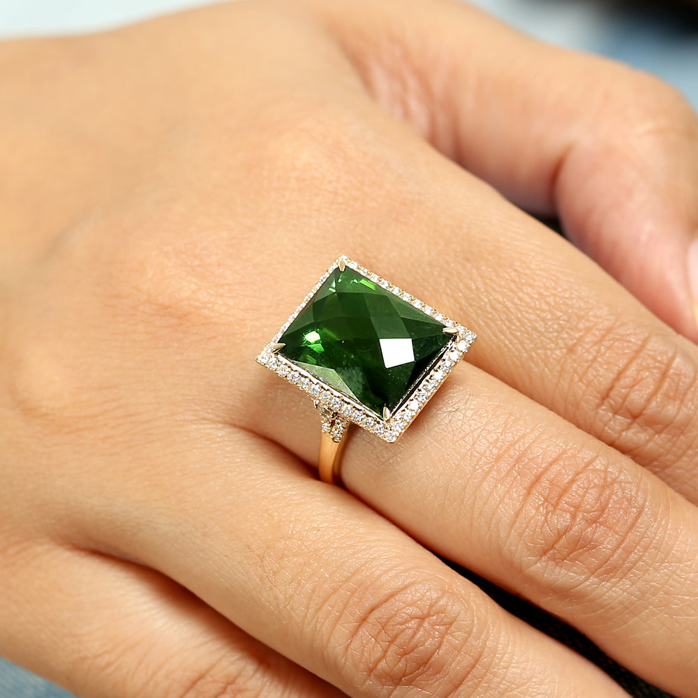 Square Green Tourmaline Pave Diamond Cocktail Ring in 18k Yellow Gold