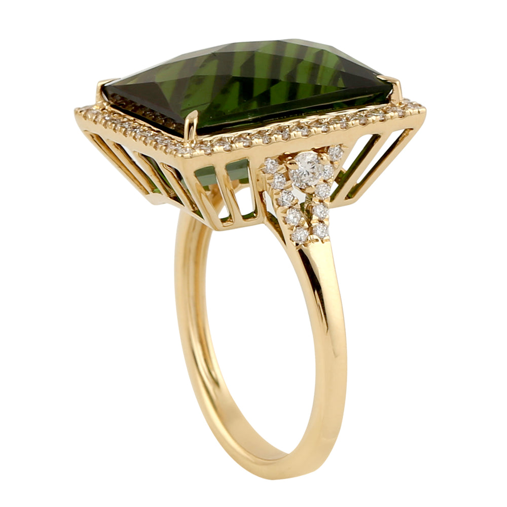 Square Green Tourmaline Pave Diamond Cocktail Ring in 18k Yellow Gold