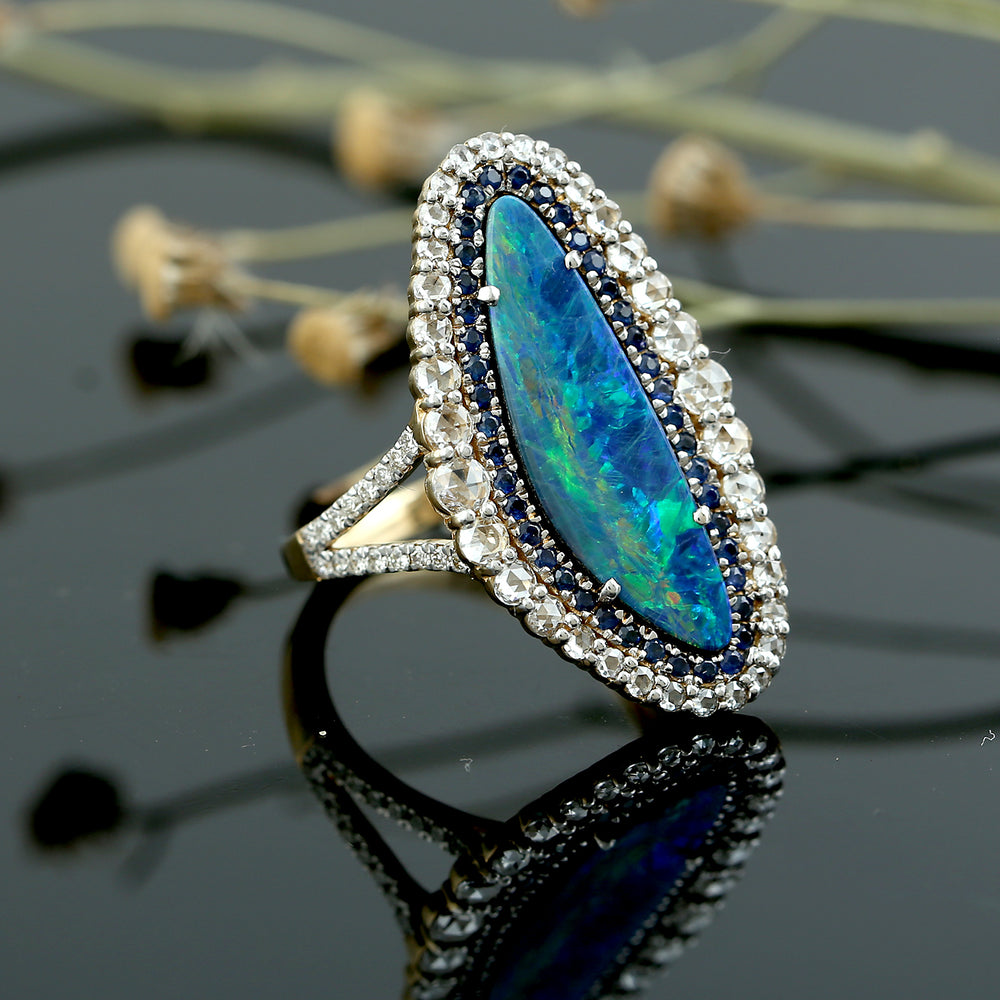 Faceted Blue Sapphire Diamond Trillion Opal Doublet In Yellow Gold Ring