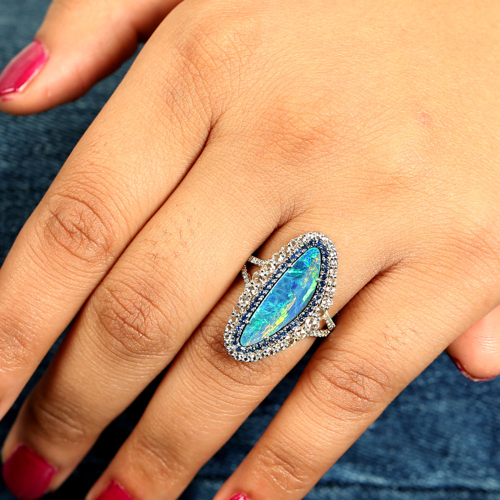 Faceted Blue Sapphire Diamond Trillion Opal Doublet In Yellow Gold Ring