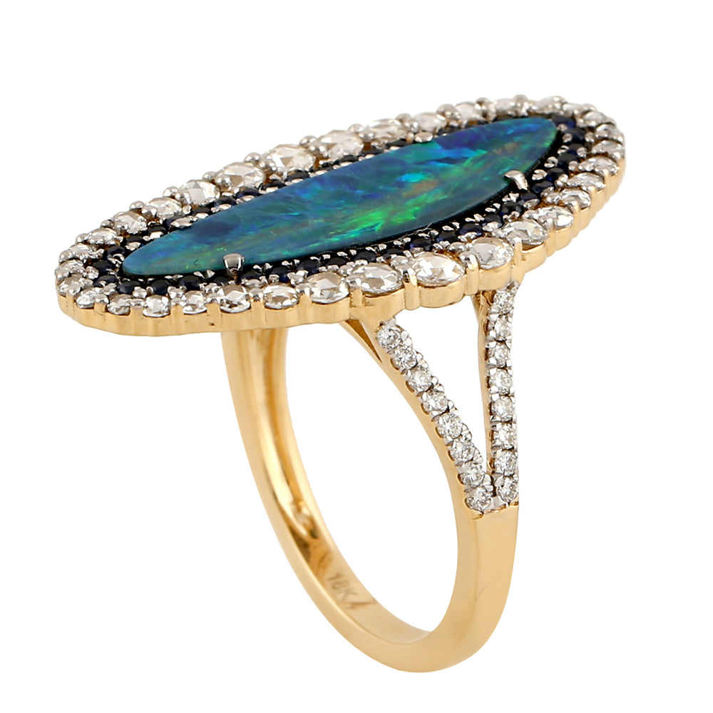 Faceted Blue Sapphire Diamond Trillion Opal Doublet In Yellow Gold Ring