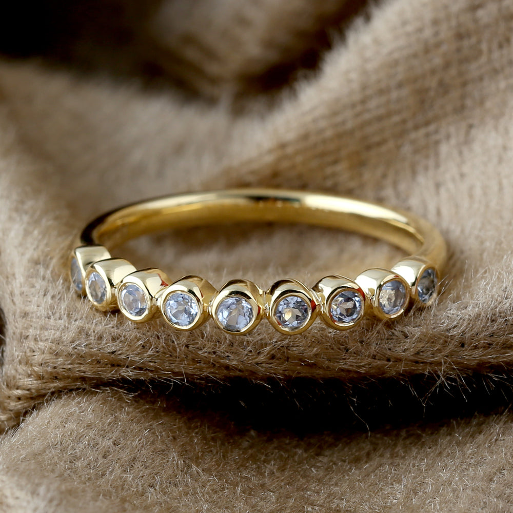Bezel Blue Topaz Gemstone Half Eternity Band Ring In 18K Yellow Gold