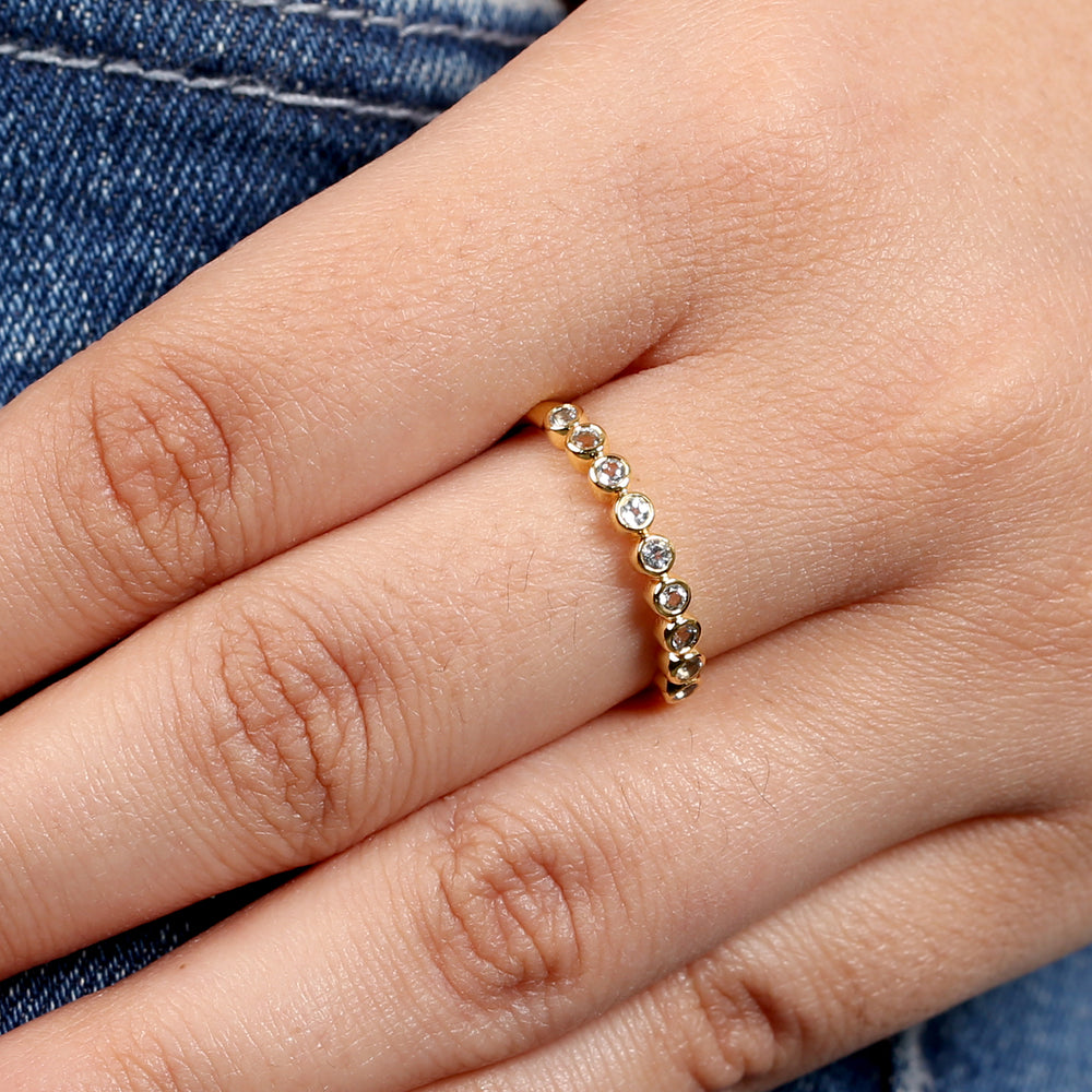 Bezel Blue Topaz Gemstone Half Eternity Band Ring In 18K Yellow Gold