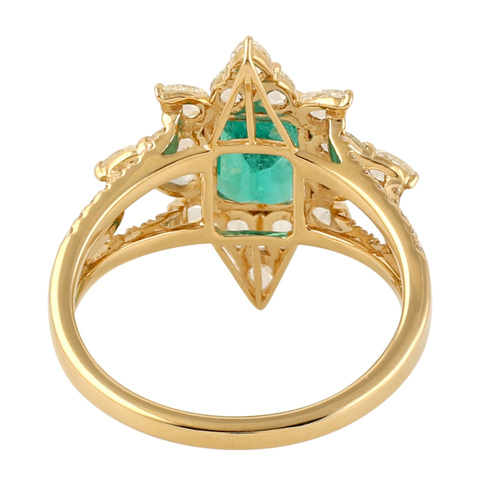 Octagon Emerald Solitaire Ring with Rose Cut Diamonds in 18K Yellow Gold – Elegant Statement Jewelry