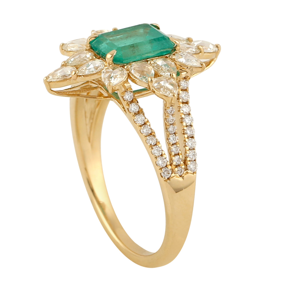 Octagon Emerald Solitaire Ring with Rose Cut Diamonds in 18K Yellow Gold – Elegant Statement Jewelry
