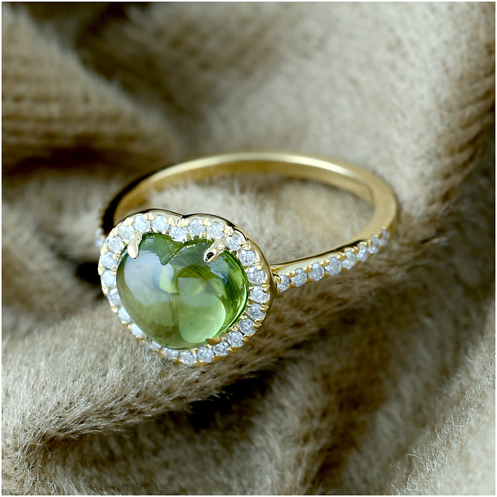 Natural Peridot Pave Diamond Heart Shaped Cocktail Ring In 14k Yellow Gold