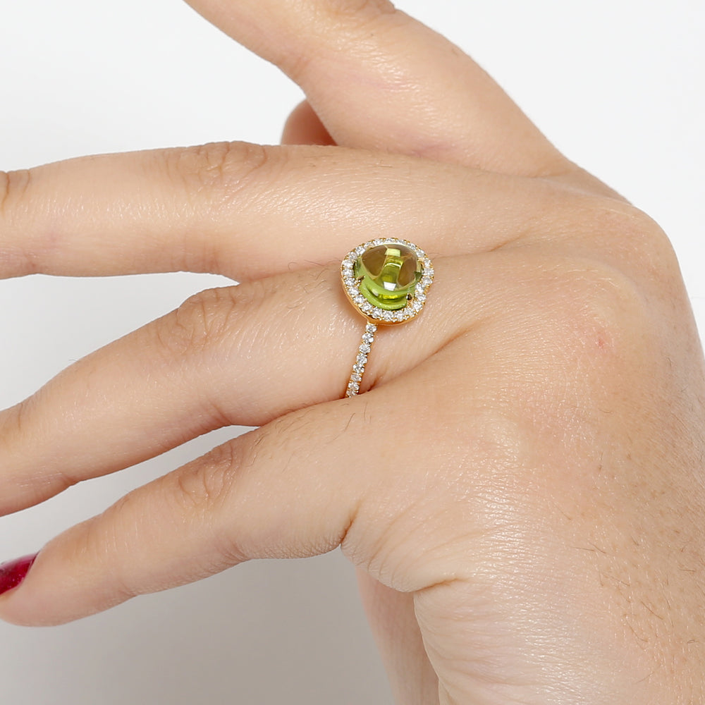 Natural Peridot Pave Diamond Heart Shaped Cocktail Ring In 14k Yellow Gold