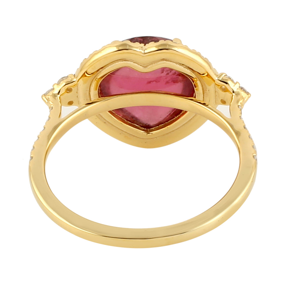 Pink Tourmaline Pave Diamond Beautiful Heart Solitaire Ring In Yellow Gold
