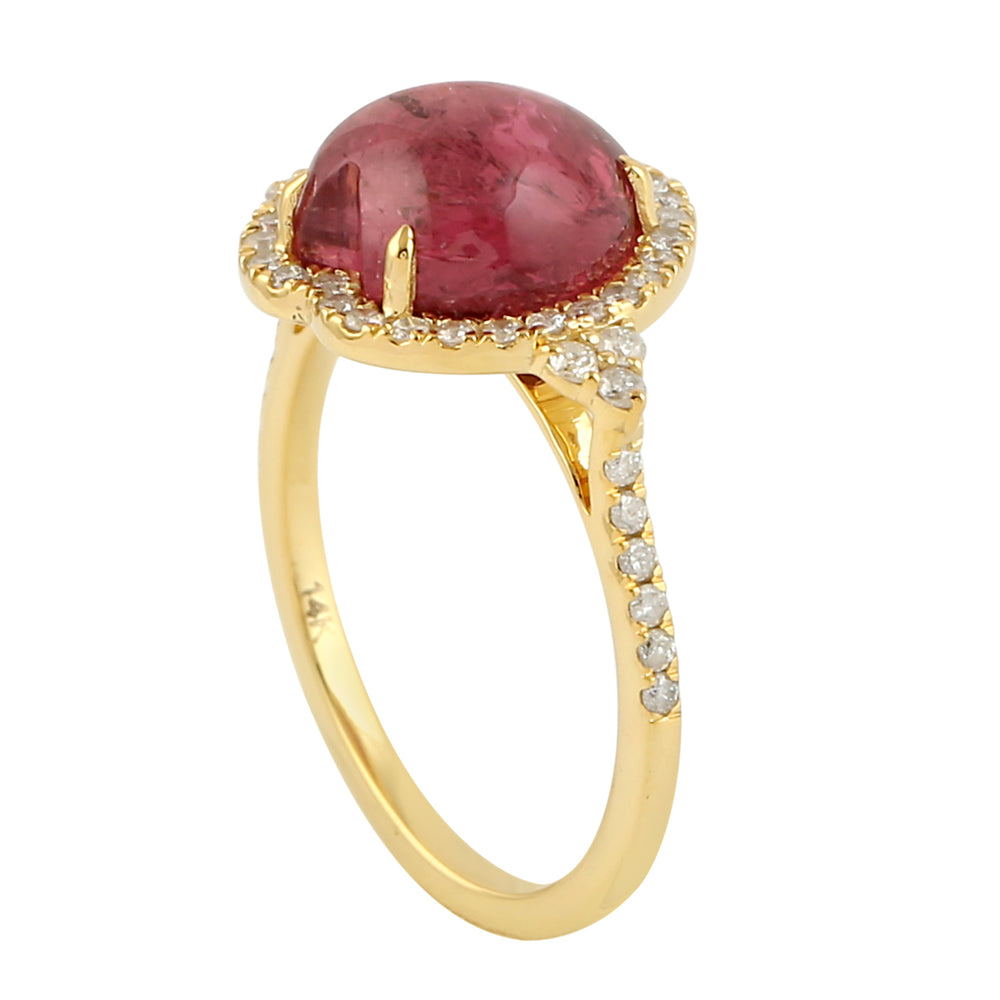 Pink Tourmaline Pave Diamond Beautiful Heart Solitaire Ring In Yellow Gold