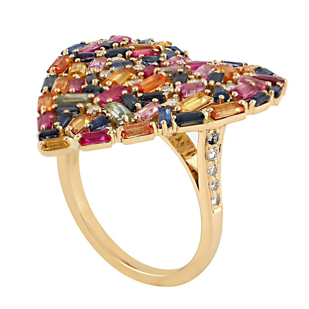 Multicolor Baguette Sapphire Prong Diamond Cluster Heart Ring In 18k Yellow Gold