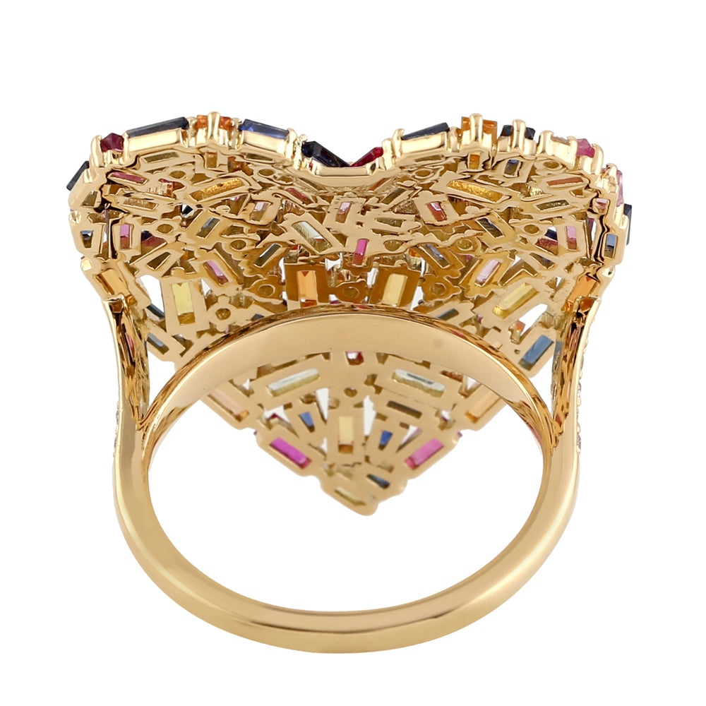 Multicolor Baguette Sapphire Prong Diamond Cluster Heart Ring In 18k Yellow Gold