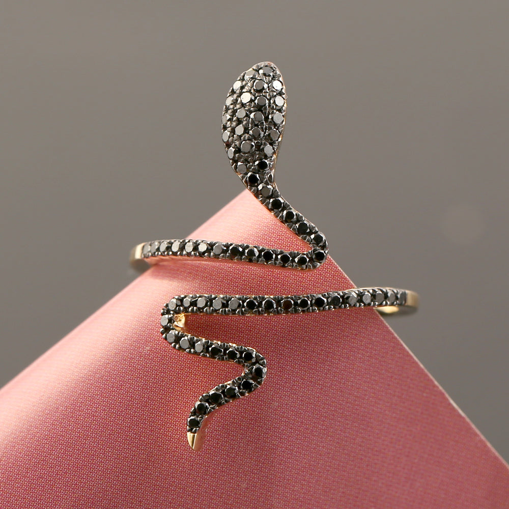 Natural Black Diamond Bypass Snake Ring In 18K Yellow Gold