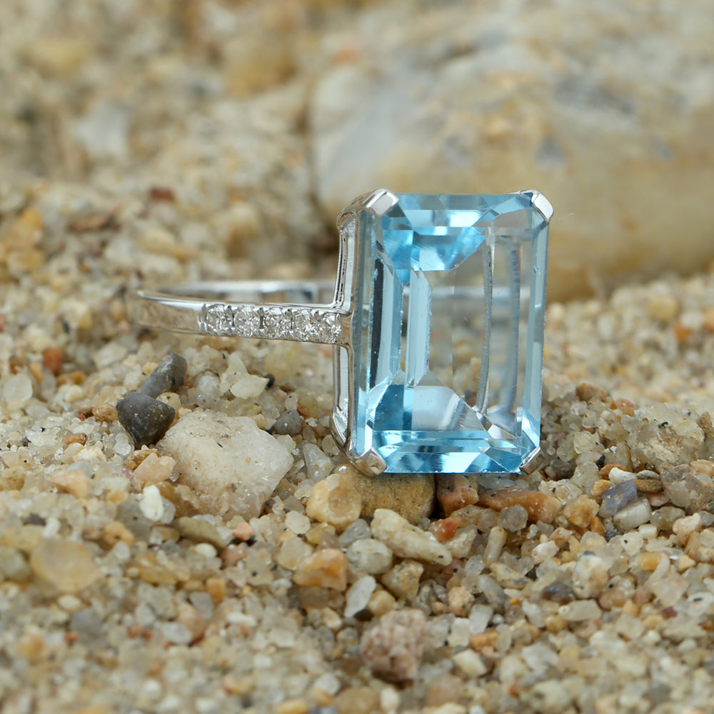 18K White Gold Baguette Cut Blue Topaz Pave Diamond Solitaire Ring For Her