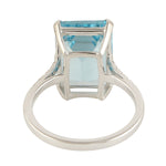 18K White Gold Baguette Cut Blue Topaz Pave Diamond Solitaire Ring For Her