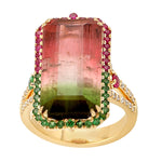 Octagon Tourmaline Prong Ruby Tsavorite Diamond October Birthstone Ring Made In 18K Gold For Her