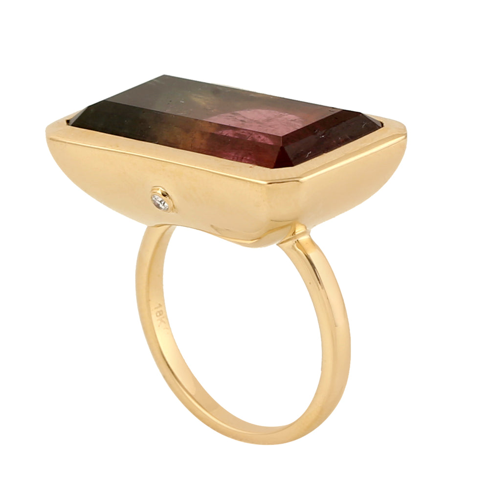 Baguette Cut Pink Tourmaline Bezel Set Diamond Cocktail Ring In Yellow Gold