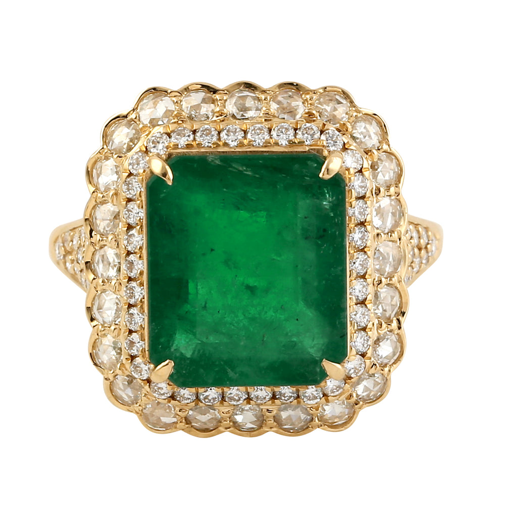 Emerald & Rose-Cut Diamond Double Halo Statement Ring in 18K Yellow Gold