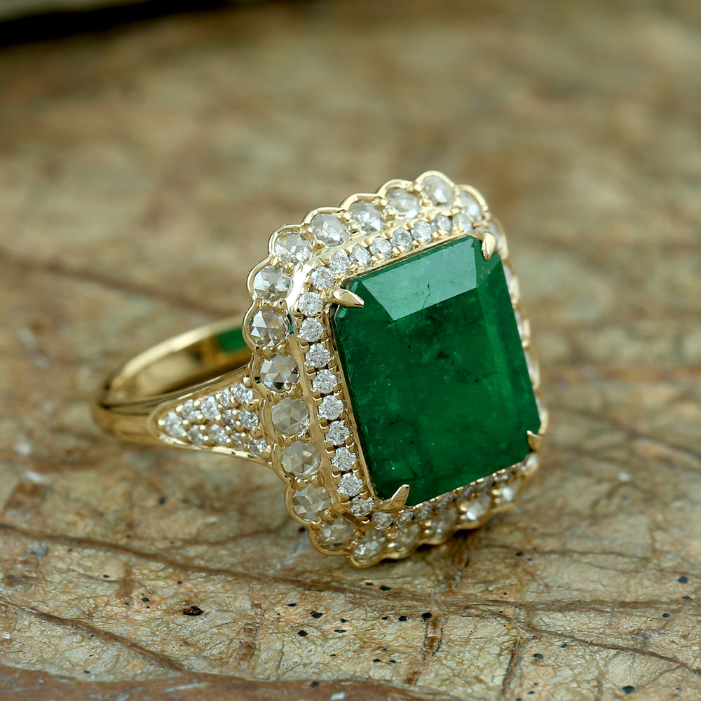 Emerald & Rose-Cut Diamond Double Halo Statement Ring in 18K Yellow Gold