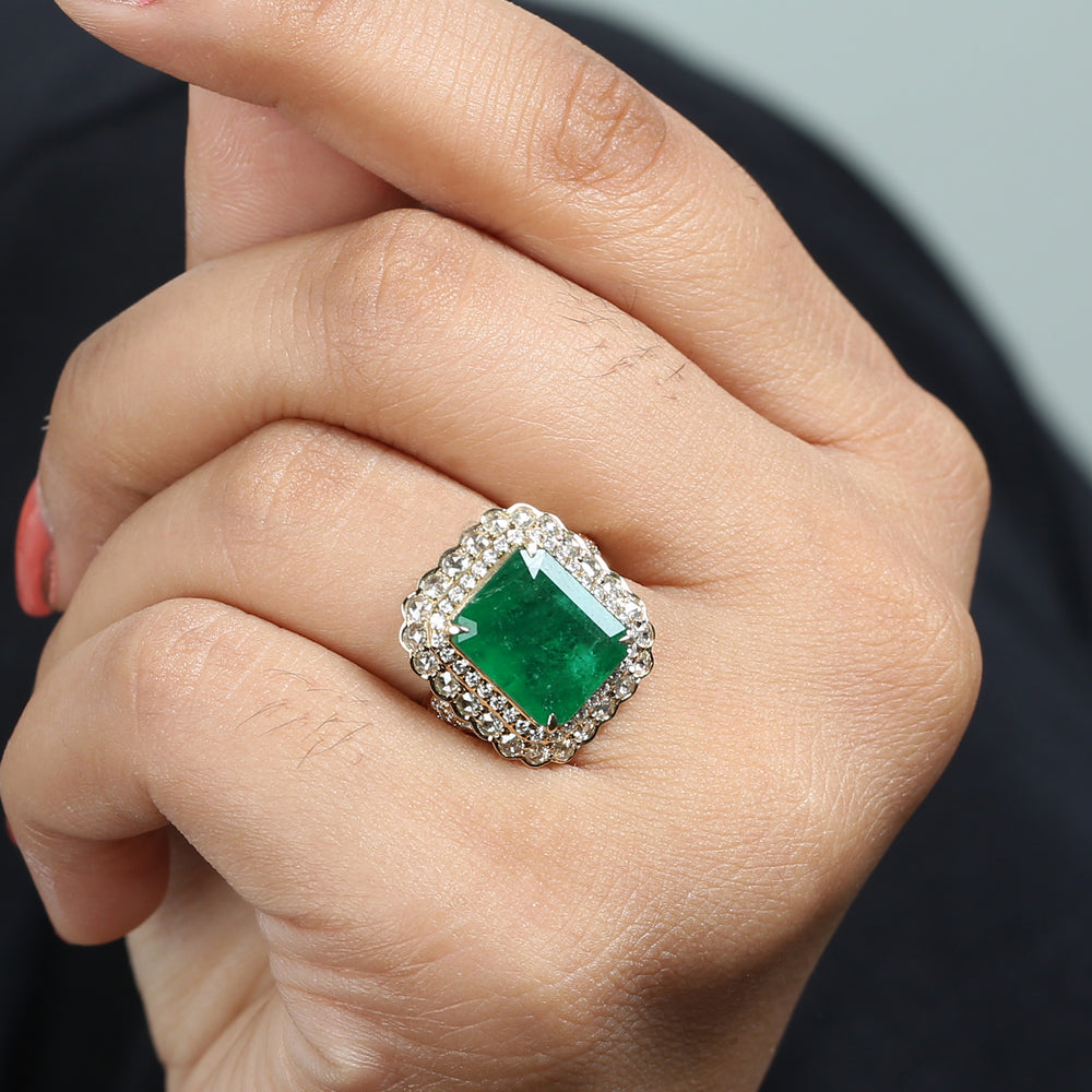 Emerald & Rose-Cut Diamond Double Halo Statement Ring in 18K Yellow Gold