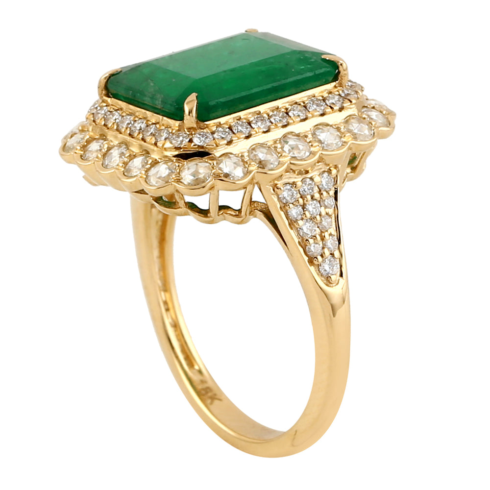 Emerald & Rose-Cut Diamond Double Halo Statement Ring in 18K Yellow Gold