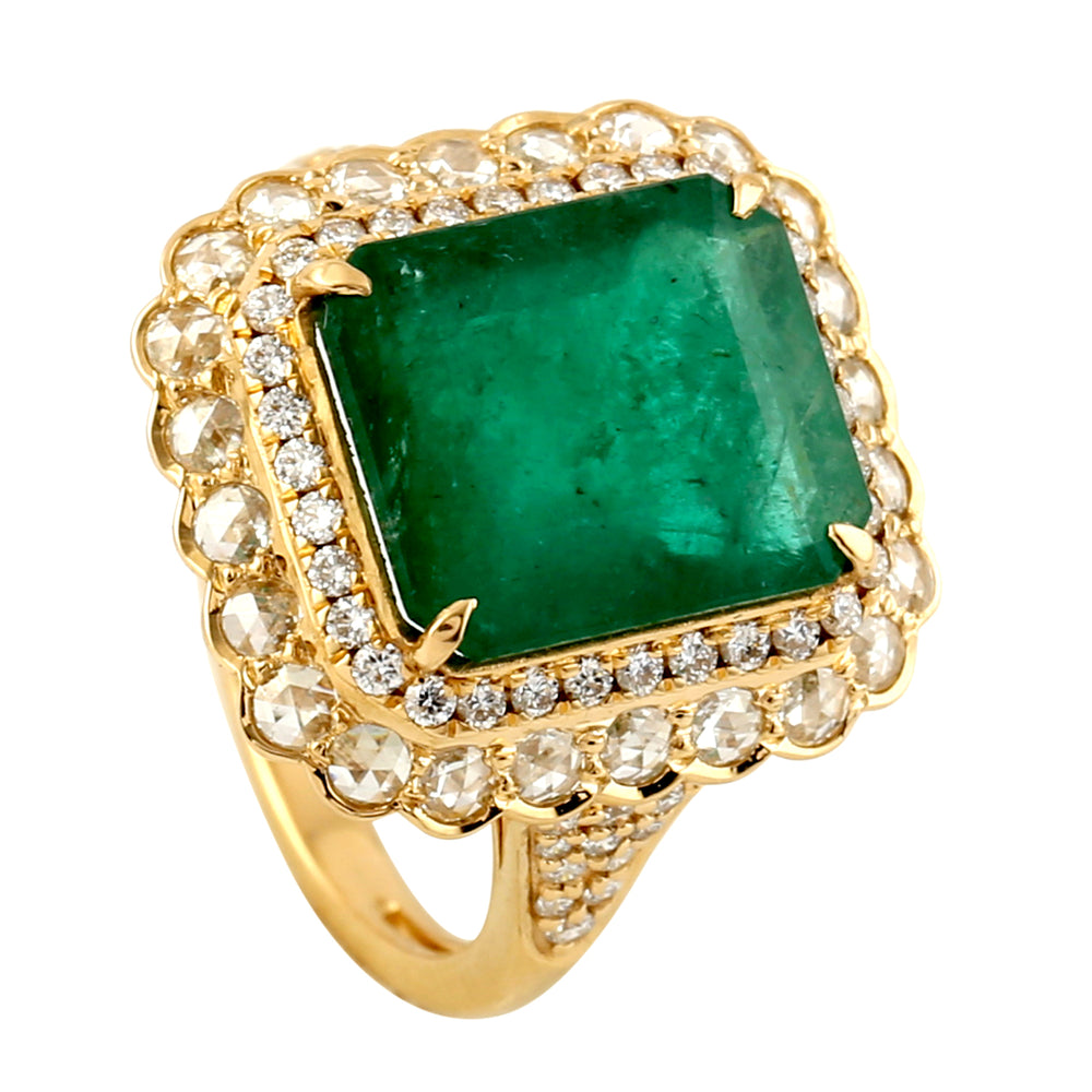 Emerald & Rose-Cut Diamond Double Halo Statement Ring in 18K Yellow Gold