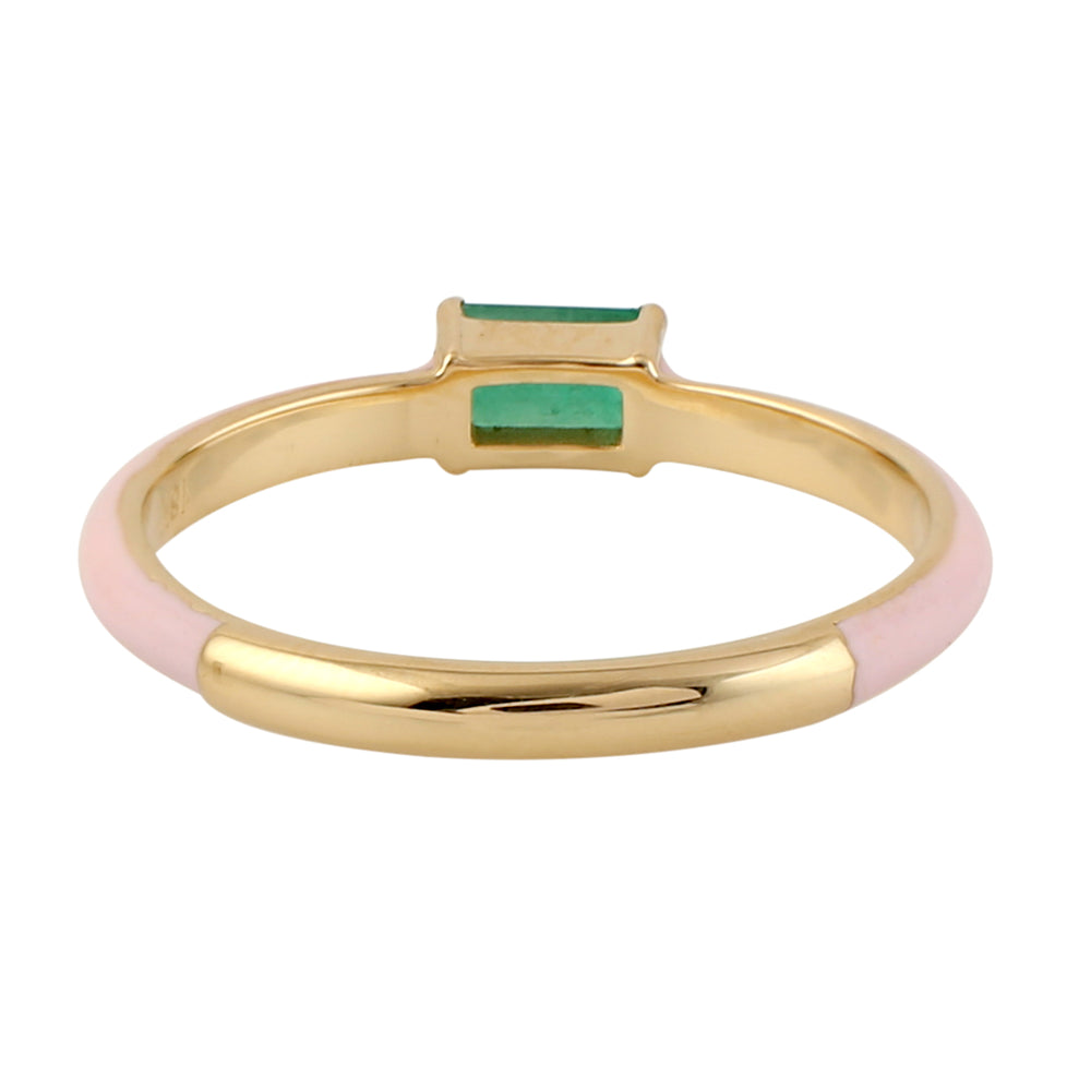 Baguette Emerald May Birthstone In Yellow Gold Pink Enamel Delicate Band Ring