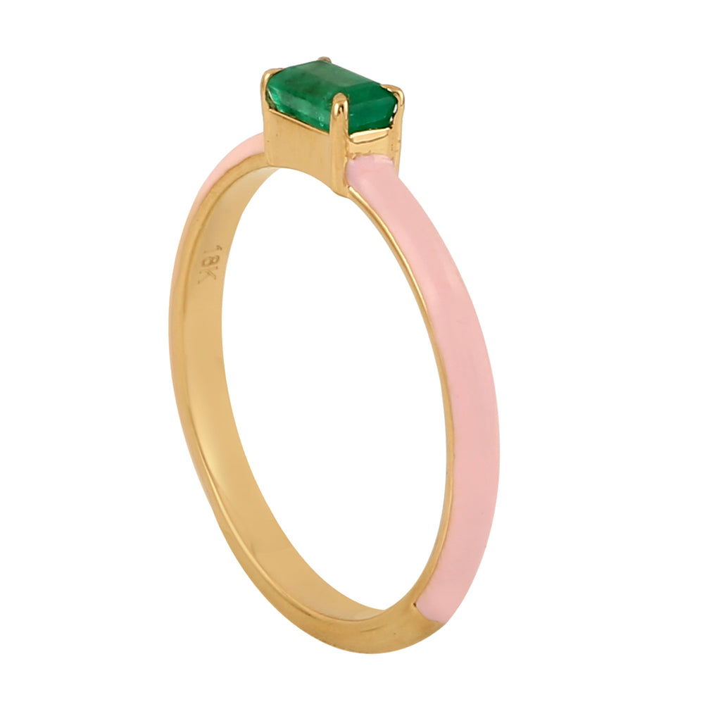 Baguette Emerald May Birthstone In Yellow Gold Pink Enamel Delicate Band Ring