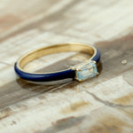 Baguette Cut Blue Topaz November Birthstone Enamel Band Ring In Yellow Gold