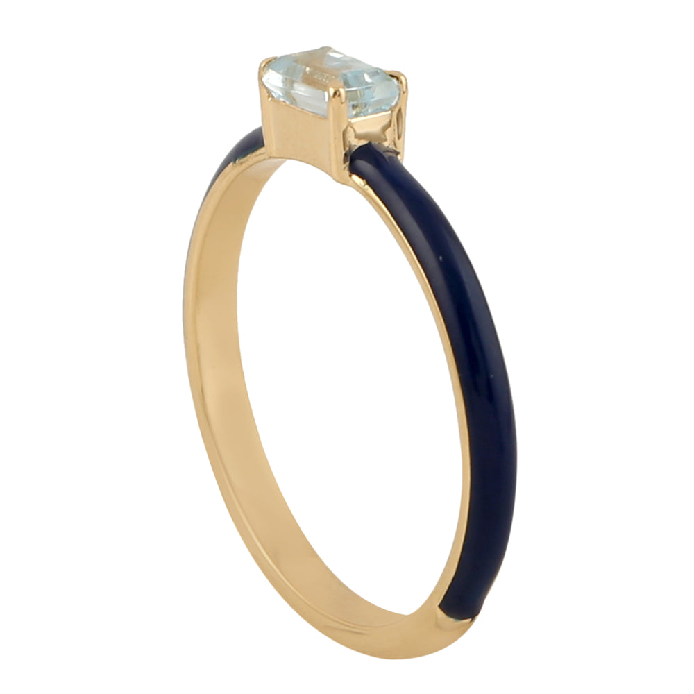 Baguette Cut Blue Topaz November Birthstone Enamel Band Ring In Yellow Gold