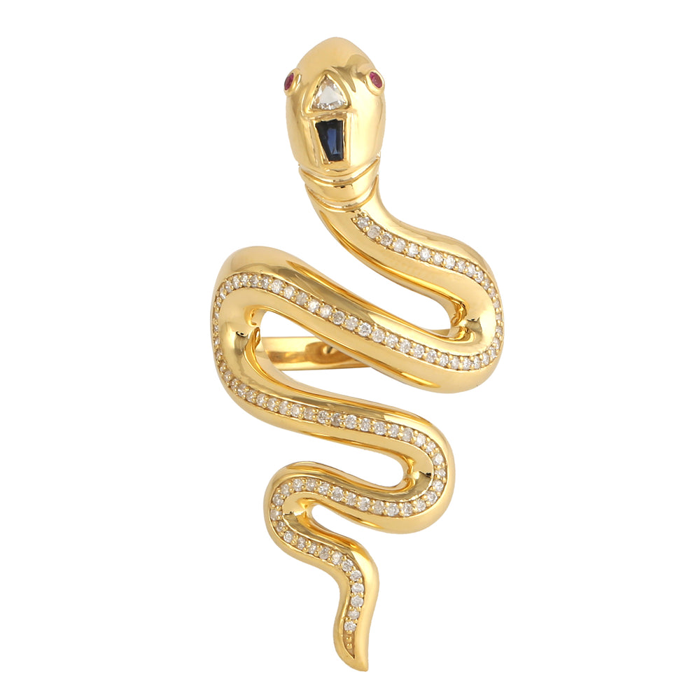 14k Yellow Gold Pave Diamond & Blue Sapphire Ruby Snake Long Ring Jewelry For Gift