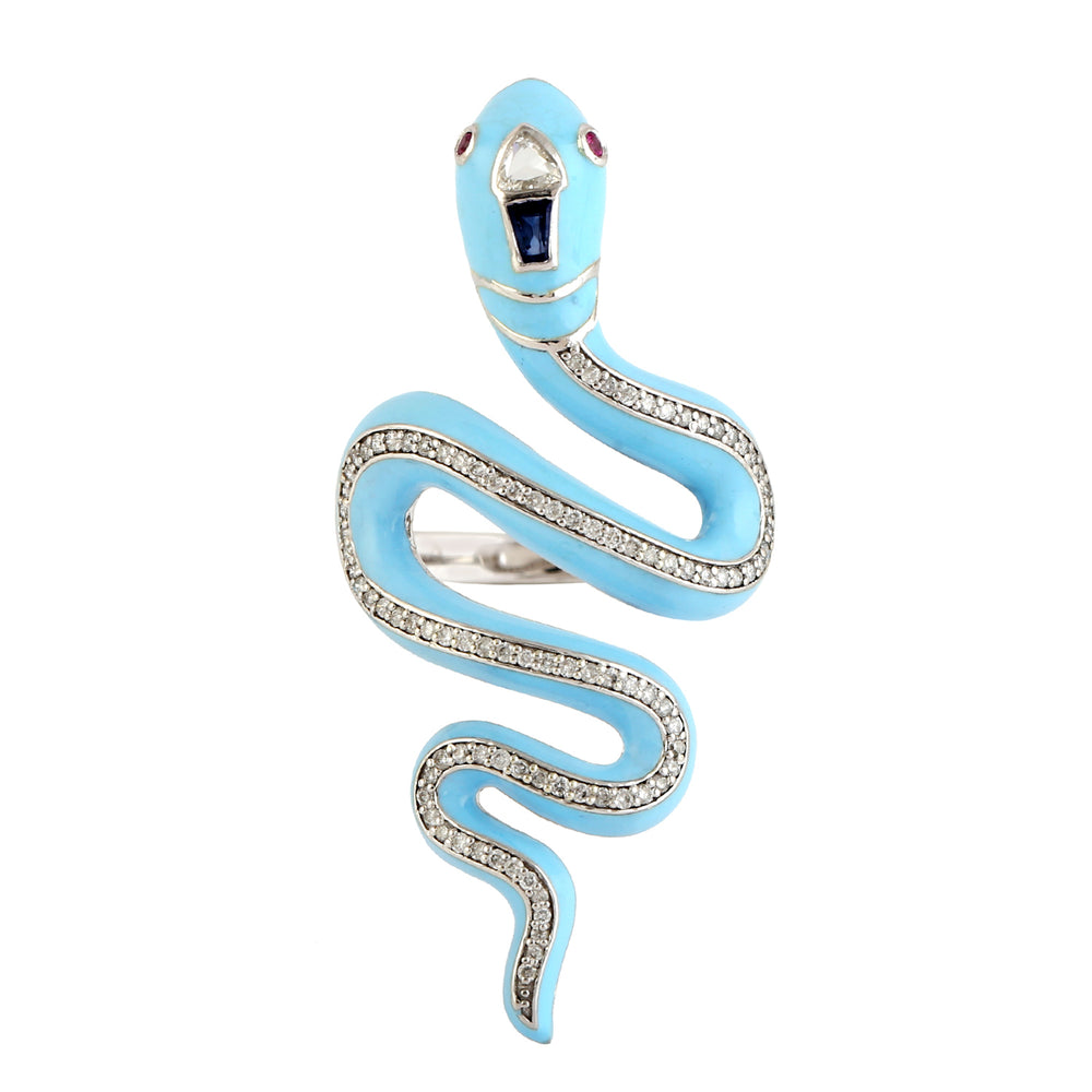 Blue Sapphire Ruby Pave Diamond Enamel Long Serpent Ring In 14k White Gold