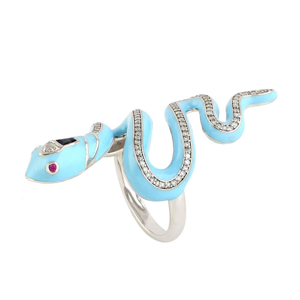Blue Sapphire Ruby Pave Diamond Enamel Long Serpent Ring In 14k White Gold
