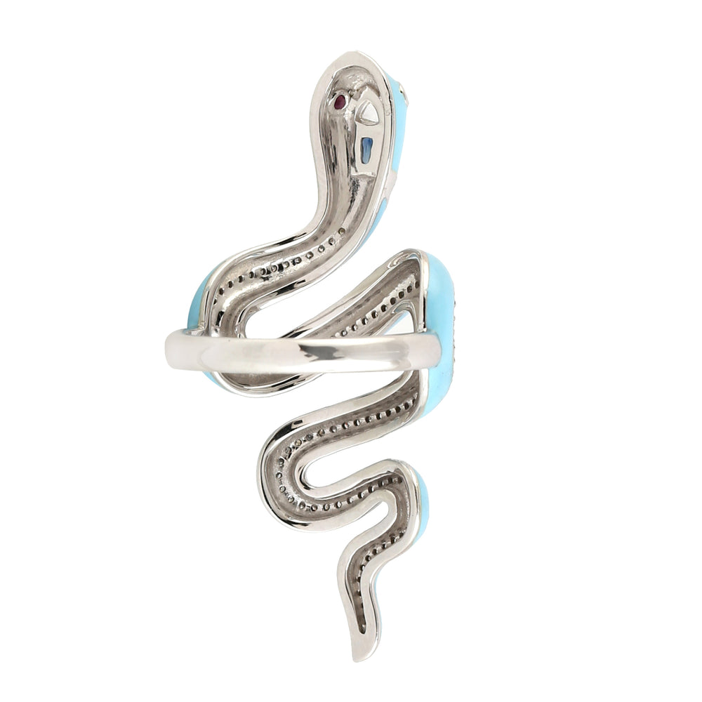 Blue Sapphire Ruby Pave Diamond Enamel Long Serpent Ring In 14k White Gold