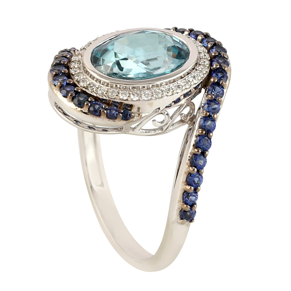 White Gold Solitaire Ring with Oval Blue Zirconia, Blue Sapphire & Pave Diamonds – Elegant Gemstone Statement Ring