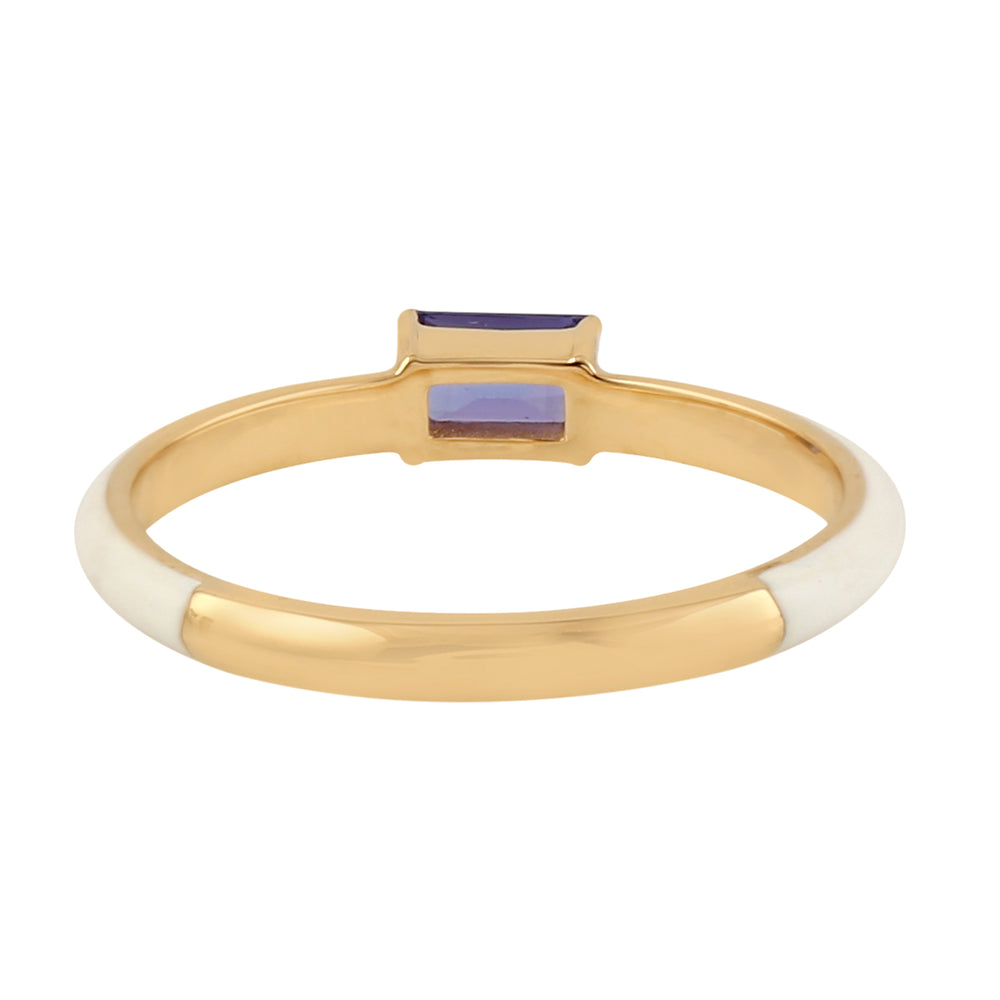 Baguette Cut Tanzanite Gemstone White Enamel Band Ring In 14k Yellow Gold