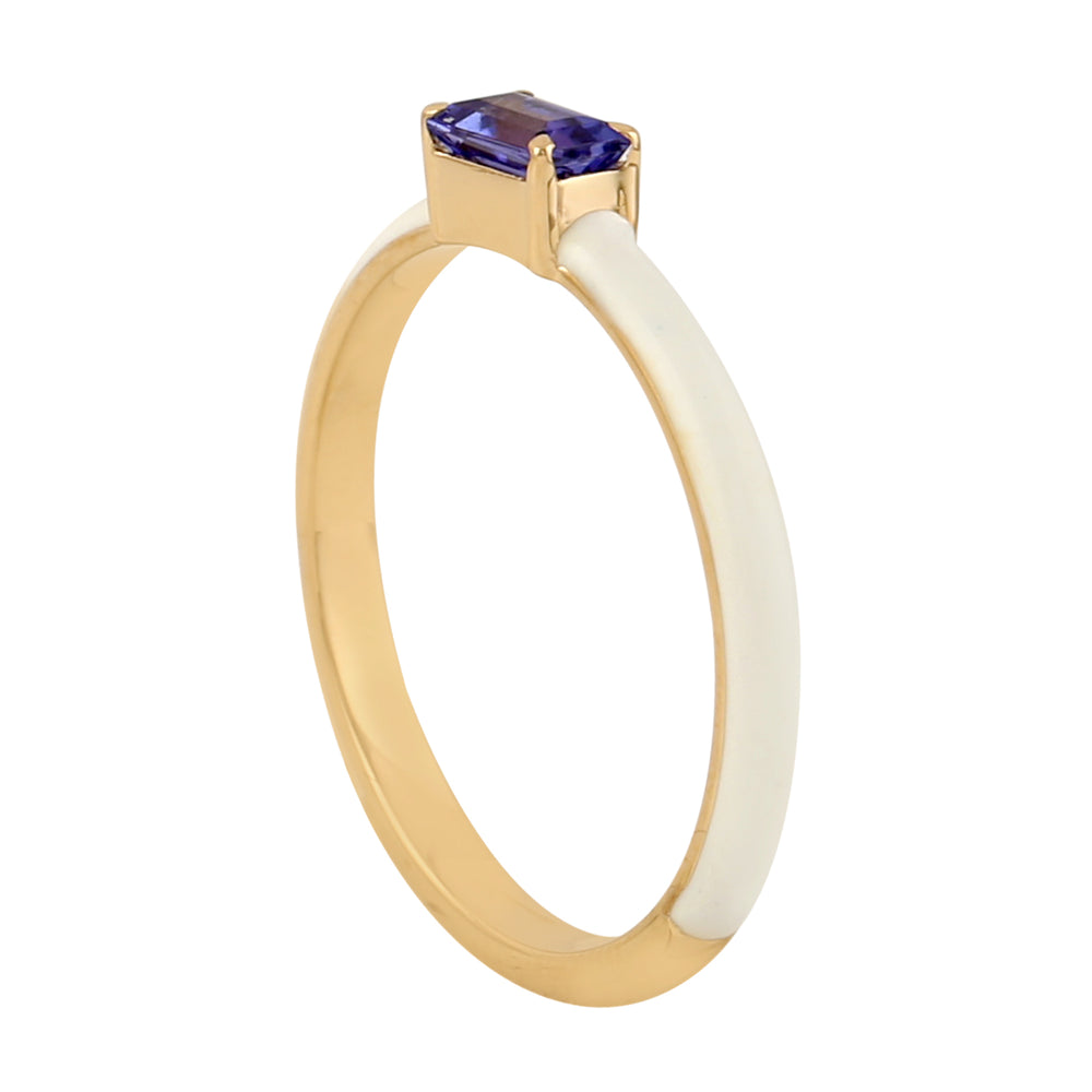 Baguette Cut Tanzanite Gemstone White Enamel Band Ring In 14k Yellow Gold