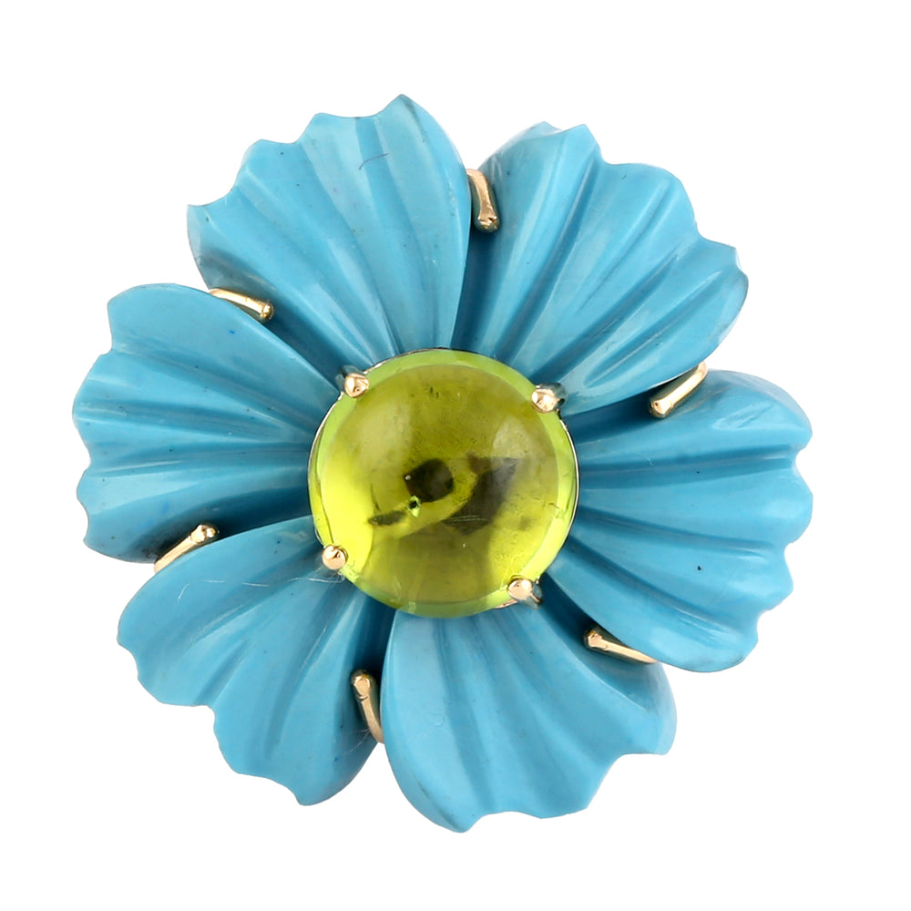 Carved Turquoise Y Round Peridot Pave Diamond In 18K Yellow Gold Flower Ring Jewelry For Gifts