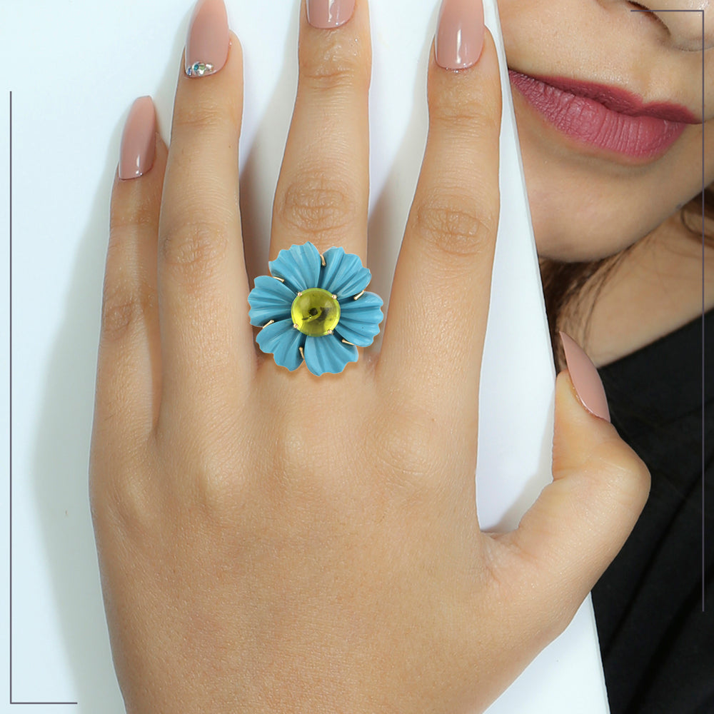 Carved Turquoise Y Round Peridot Pave Diamond In 18K Yellow Gold Flower Ring Jewelry For Gifts