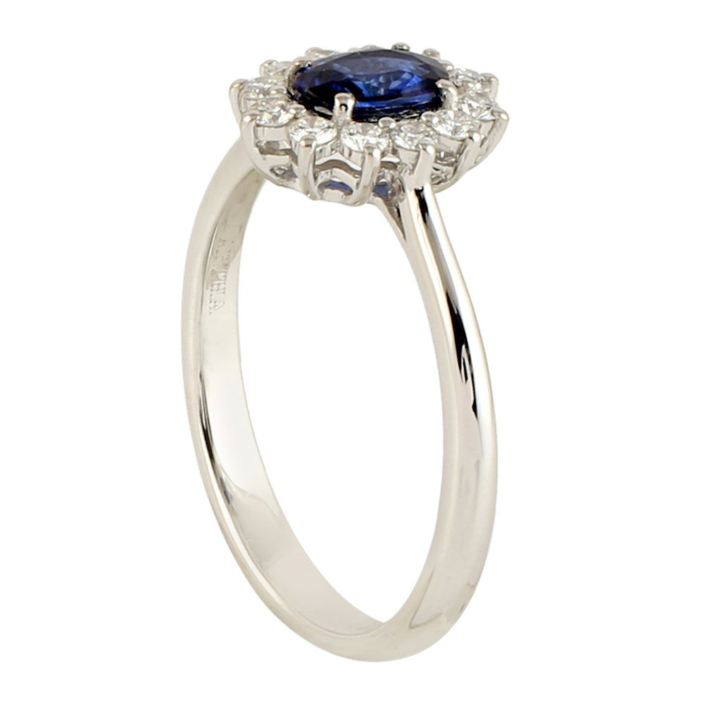 Oval Blue Sapphire Pave Diamond Designer Ring for Her in 18k White Gold