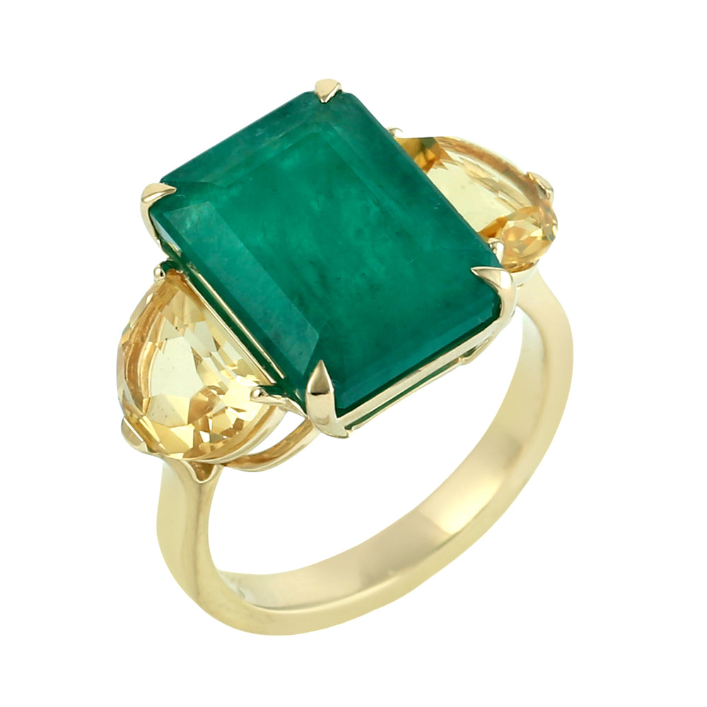 D-Cut Citrine & Emerald Gemstone Three Stone Ring in 18K Yellow Gold